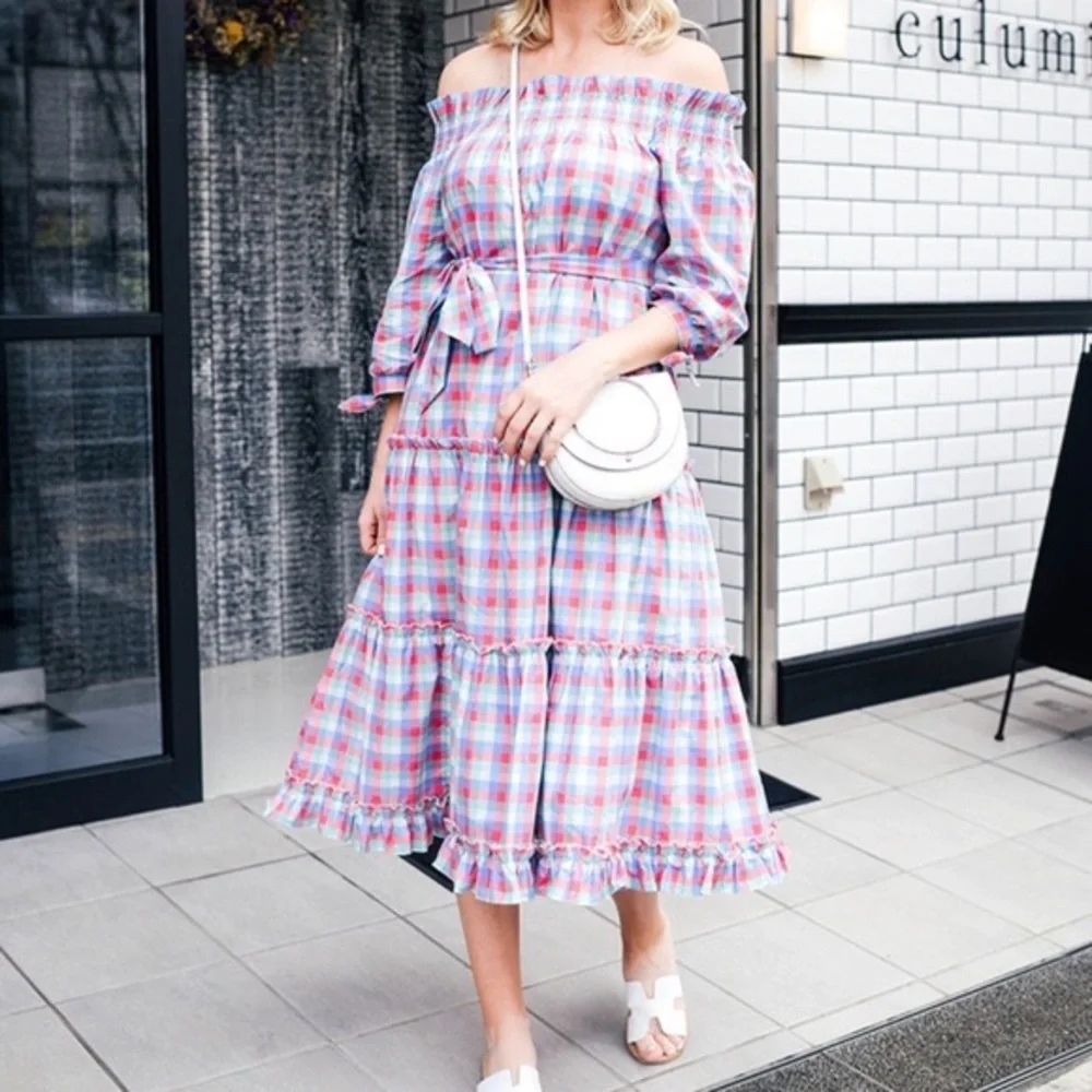 Kate Spade Pink and Blue Plaid Off-Shoulder Midi Dress - Picture 1 of 9